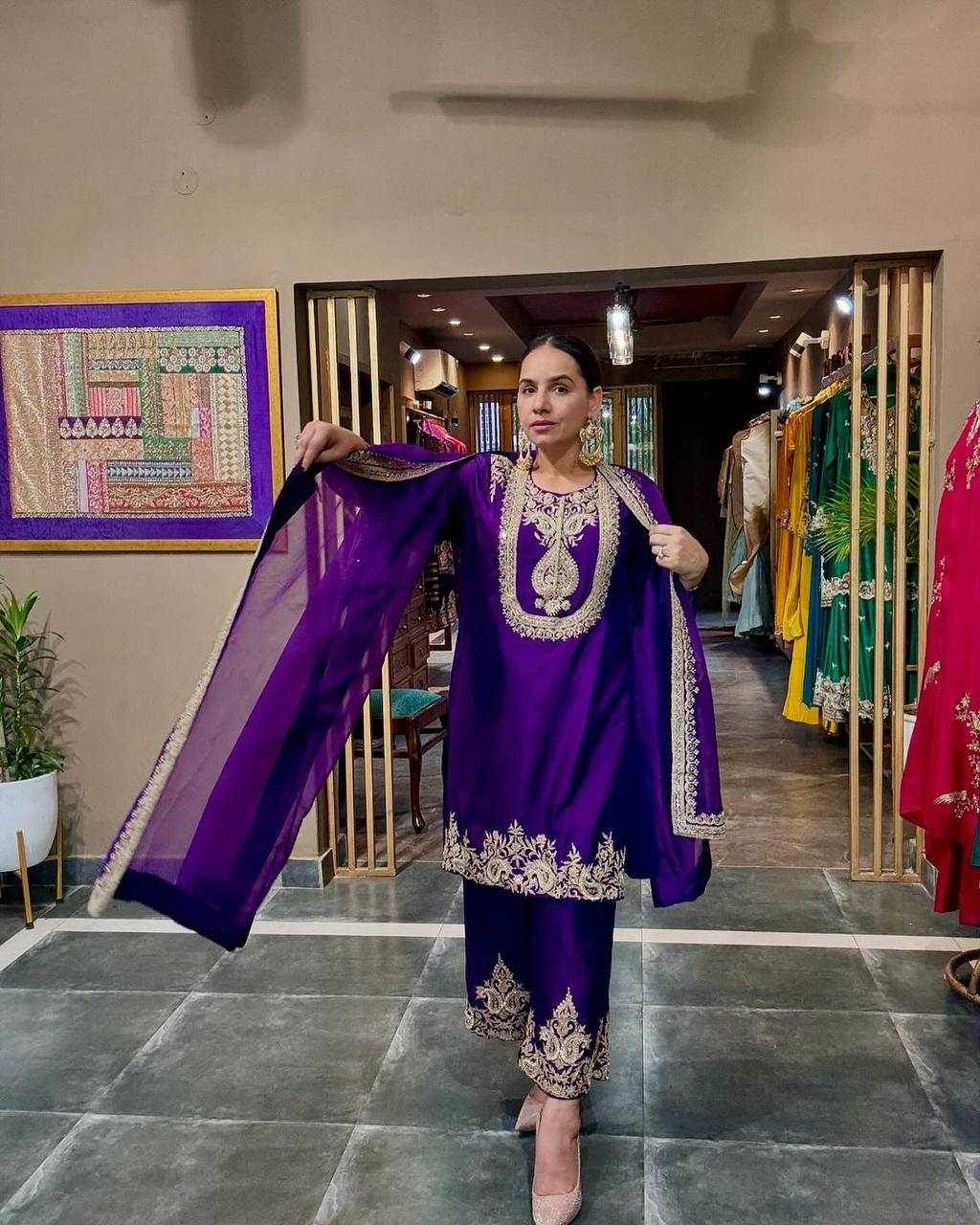 Chinon Silk Ladies Embroidery Designer Suit - MYLUXURY LANE ENTERPRISE